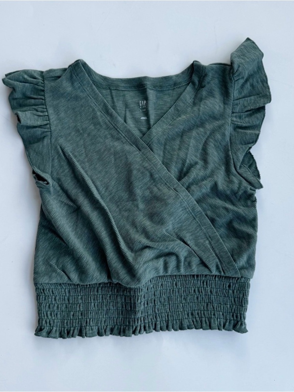 GAP Green Wrap Top with Ruffle Sleeves